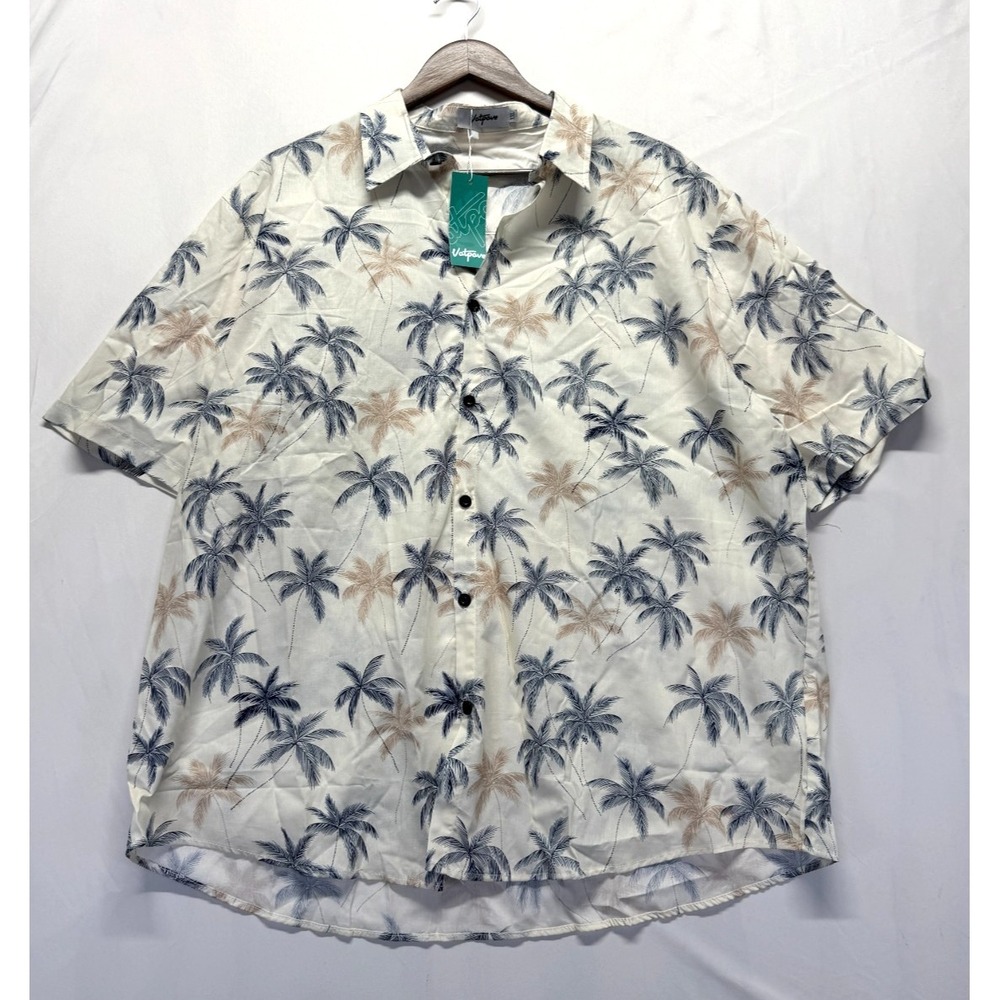 Cubavera Shirt Mens 2XL White Tan Palm Tree Print Cotton Short Sleeve Button Up
